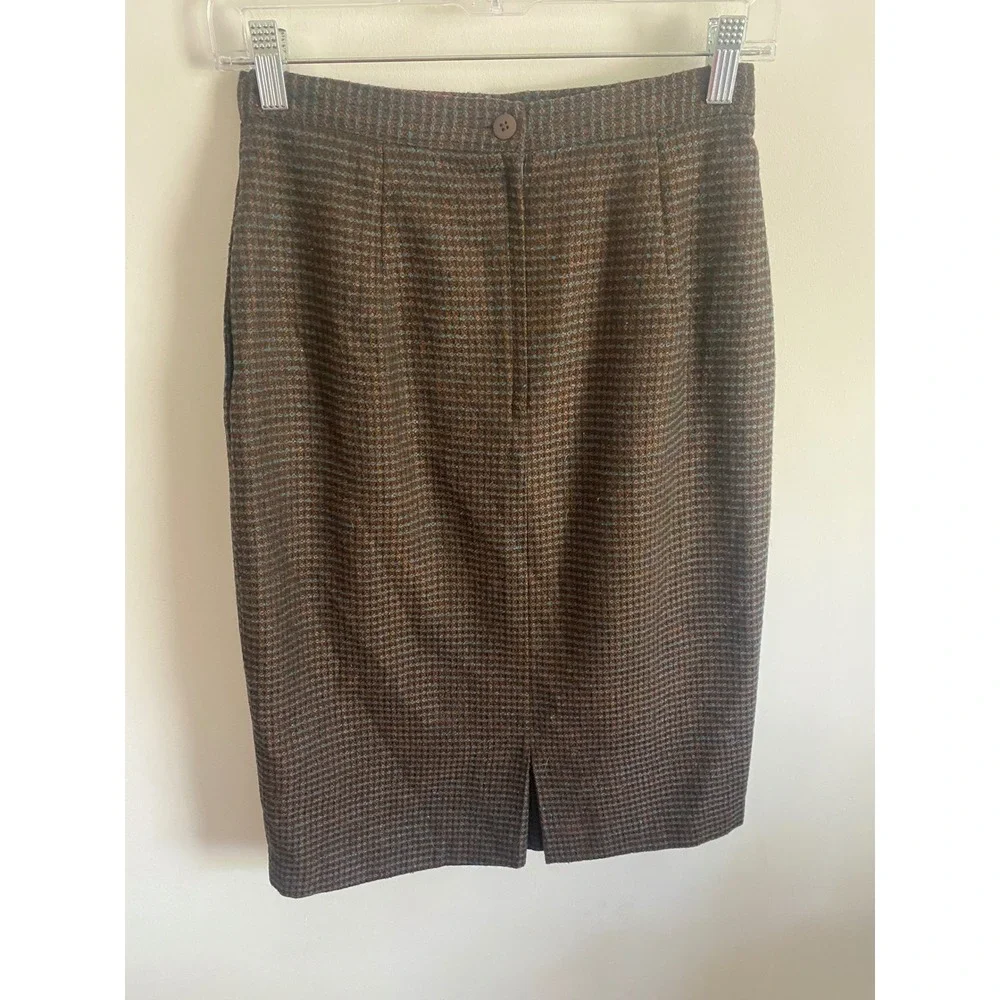 Nanci Jennifer Vintage Pencil Skirt Brown Teal Blue Plaid High Waist Pockets 25w
